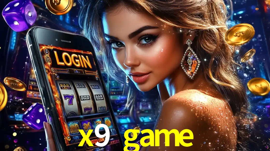 Mulher glamorosa segurando um smartphone com a tela de login para os jogos de caça-níqueis do cassino online x9 game, com moedas de ouro e dados ao redor.
